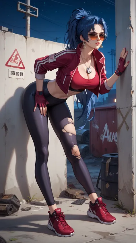 Sexy leona heidern,  long hair,  dark blue hair ,  triangle earrings, wearing a purple sports top, crimson sports jacket, very tight black leggings ,  red sports shoes , condog tags,  on a wasteland,  at night,  sunglasses, standing, leaning against the wa...