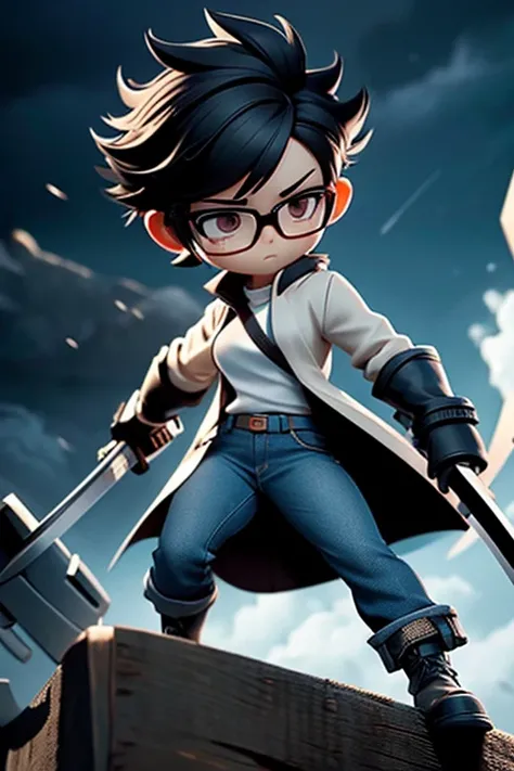 "4K anime style quality, digital drawing mode, a determined and skillful swordswoman with short black hair, rectangular glasses, and a focused expression, wearing a coat over her white shirt and jeans, standing on a ship as storm clouds gather above, her k...