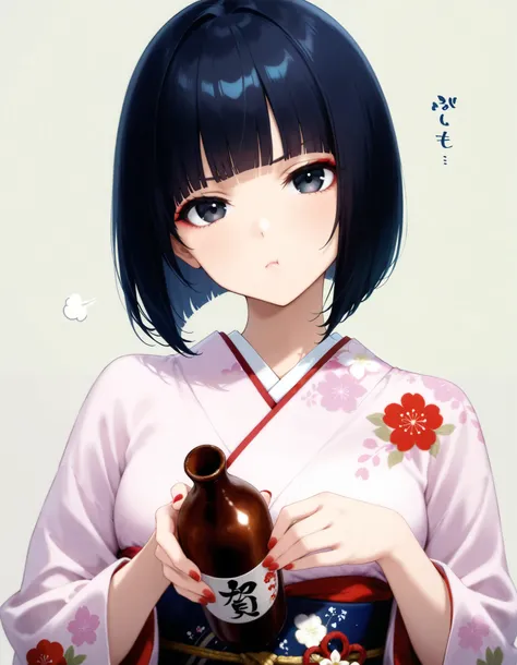 score_9, score_8_up, score_7_up, (1girl, solo), (upper body, looking at viewer), (black short hair, bob cut, blunt bangs), black eyes, (pouting, booing), (Japanese clothes, kimono, floral print, sash, long sleeves, obi), head tilt, holding Japanese SAKE bo...