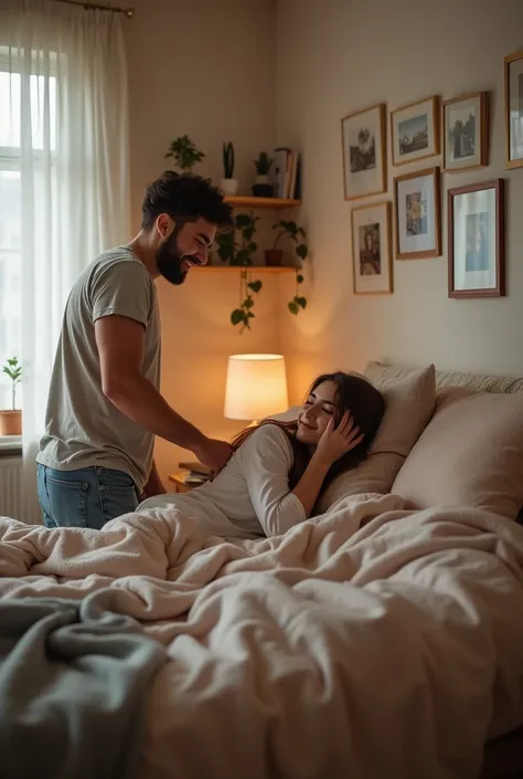 "A young couple in a cozy bedroom, with the girl lying comfortably on her bed, propped up with a pillow behind her. She’s wearing soft, casual loungewear, and her hair is casually styled. The bed is covered with a warm, inviting duvet and surrounded by coz...