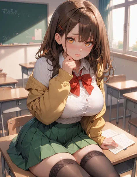 A girl with brown hair, amber eyes, big breasts, thick thighs, white blouse, yellow cardigan, black stockings, green skirt, red ribbon, high school girl, sitting on desk, classroom, warm light, afternoon, shy gaze, adorable