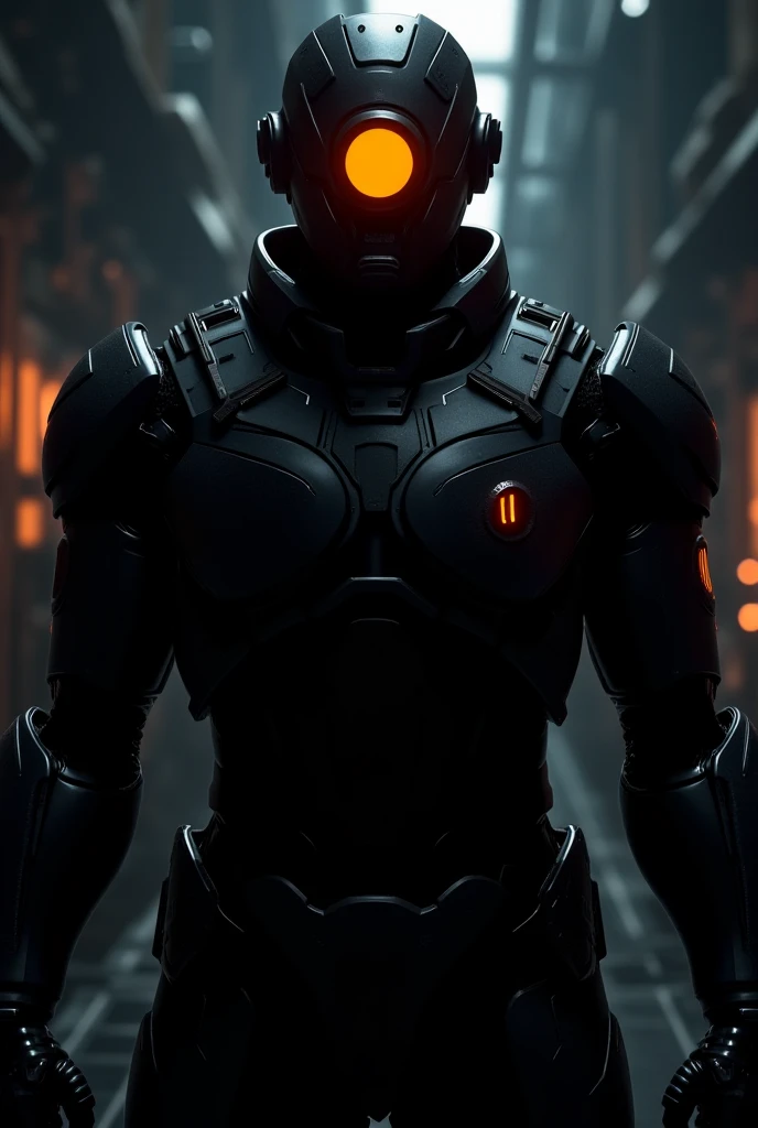 A futuristic black armored cyber warrior with an orange glowing circle as an eye on the helmet, semi realistic