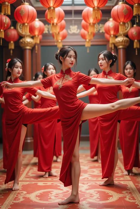 standing split， masterpiece,  high quality ,  Best Quality , Aesthetic ,  masterpiece,  Best Quality ,  Very beautiful , Ridiculous,  very detailed , Group of beautiful women wearing traditional red cheongsam celebrating the new year,  surrounded by bright...