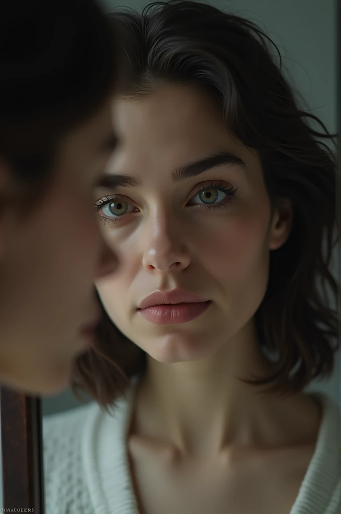  quality A woman looking at her reflection in the mirror,  with a serious and thoughtful expression . Very detailed face in 4k 