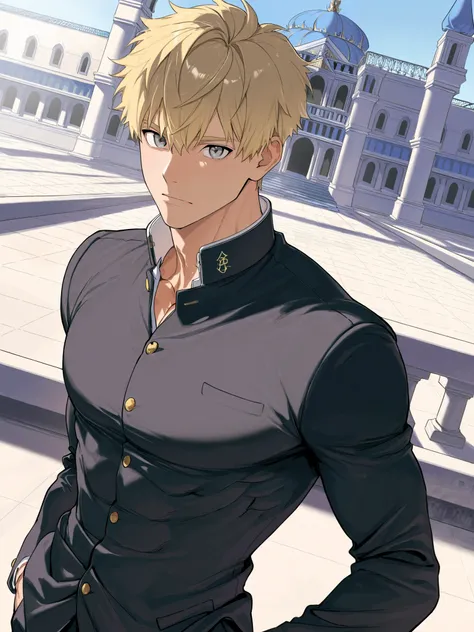  1boy, toned muscular male, blonde hair, short hair, grey eyes, wearing gakuran, standing, hand in pocket, palace, indoor, school, rooftop, dutch angle, upper body, looking directly at viewer.