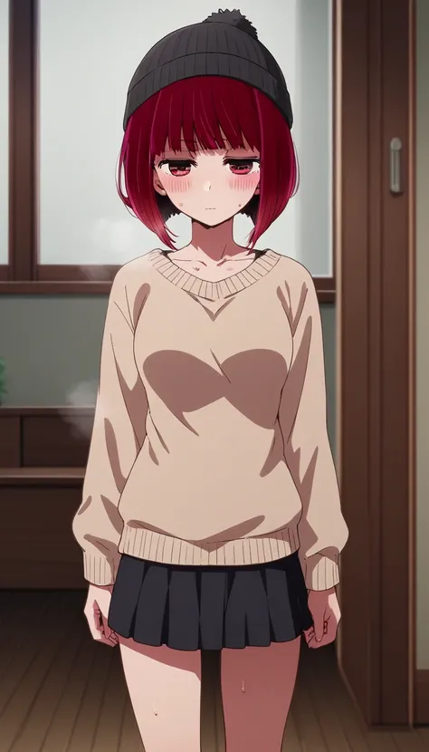 score_9, score_8_up, score_7_up, source_anime,
kanaarima, 1girl, solo, 
kana arima, short hair, bangs, red hair, bob cut, red eyes, black Beanie, beige sweater, bare clavicle, black skirt, black socks, boat neck, mini skirt, 
indoors, house, room, 
thighs,...