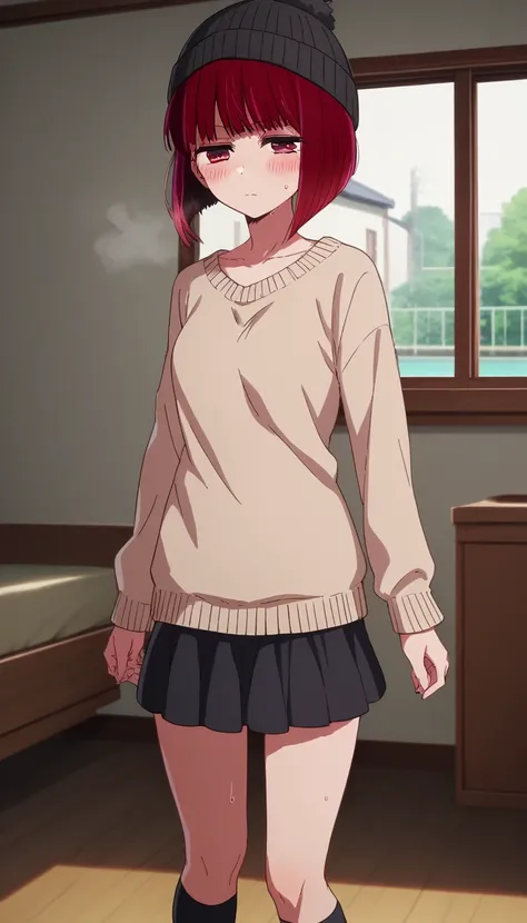 score_9, score_8_up, score_7_up, source_anime,
kanaarima, 1girl, solo, 
kana arima, short hair, bangs, red hair, bob cut, red eyes, black Beanie, beige sweater, bare clavicle, black skirt, black socks, boat neck, mini skirt, 
indoors, house, room, 
thighs,...