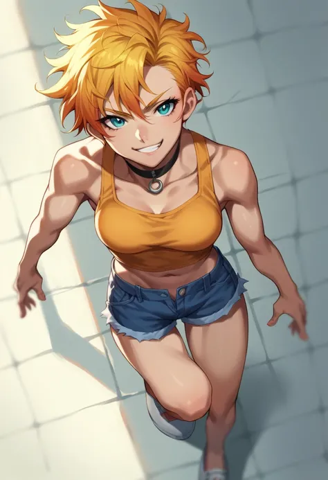 score_9, score_8_above, score_7_above, score_6_above, score_5_above, score_4_above, source_anime, 1 , mizarisa, shorts de ganga,  thick legs,  blond hair, Messy hair,  medium breasts,short top,   choker , smirk,   looking at the viewer ,  