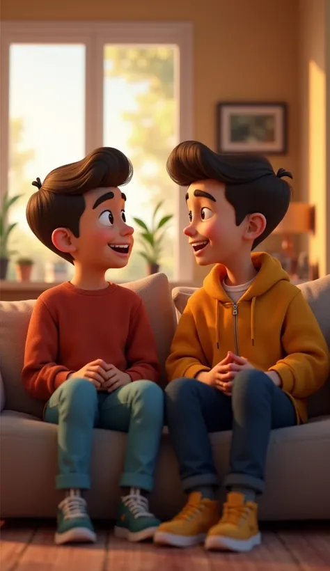 Close-up a two boy sitting talking on the sofa in house 3D animation, wear attractive clothes pants shirts, good figure,