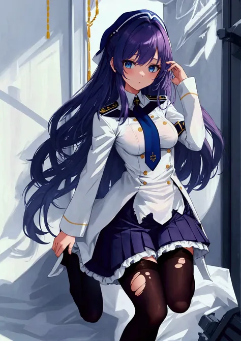 (warship girls r\),((Best quality)),((Ultra-detailed)),((illustration)),((frilled)),(1 girl),(Solo), 1girl, blue eyes, long hair, Purple hair color, pantyhose, solo, torn clothes, legwear, shirt, skirt, very long hair, black legwear, legwear, military, whi...