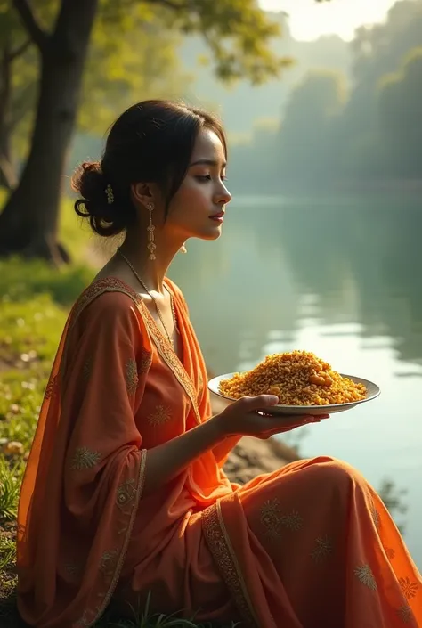 A beautiful girl taking biriyani near a r River Side 