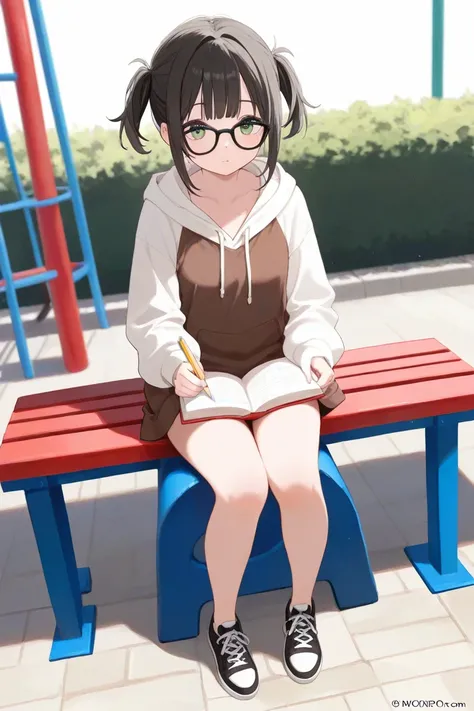 Playground, bench, 1 girl with black long on a ponytail and green eyes with black frame glasses holding a pencil on the floor sitting, 1 girl with brown short hair with bangs and pigtails holding a book sitting on the bench look at the 1 girl with black ha...