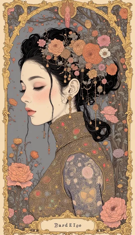  Super Real、  photorealistic、 Intricate Romantic Watercolor,  tarot card style,  full body portrait,  very detailed, Gorgeous Floral Patterns ,  retro aesthetic ,  Intricate Tattoos ,  chiaroscuro lighting  ,  Mute Color Palette ,  Painting-like Textures  ...