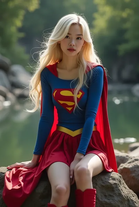 In the valley、Put your feet in the river 、 sitting、relax、 supergirl。 Hair,  masterpiece、 beautiful girl、 top quality, 超 high resolution, (reality: 1.4),, so beautiful、完璧な supergirlのコスチューム。 long-sleeved costume that extends to my shoulders 、 blue leotard 、 ...