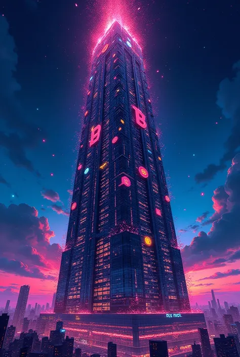 Illustration of a futuristic Trump Tower, with its windows and structure overflowing with vibrant crypto symbols, as if it's a beacon of digital wealth. The style is detailed and highly stylized, using a vivid and neon-heavy color palette.