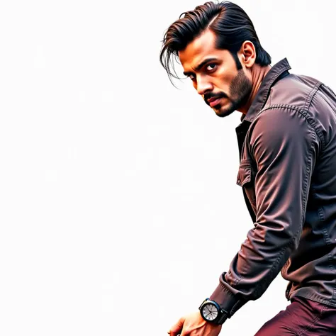 design a cinematic bollywood movie poster featuring kabir, a 24 years old handsome man, wearinga rugged textured black shirt anwd cargo pant, with long, determined eyes black hairs and confident and intense expressions, he poster has a dramatic, action-thr...