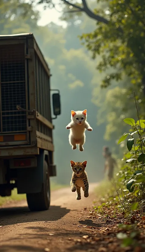 Outside the animal transport truck, a small white kitten and a leopard cub leap from the open back of the truck, soaring together into the jungle. The kitten’s fluffy white fur and the leopard cub’s golden spotted coat are mid-flight, captured in a shared ...