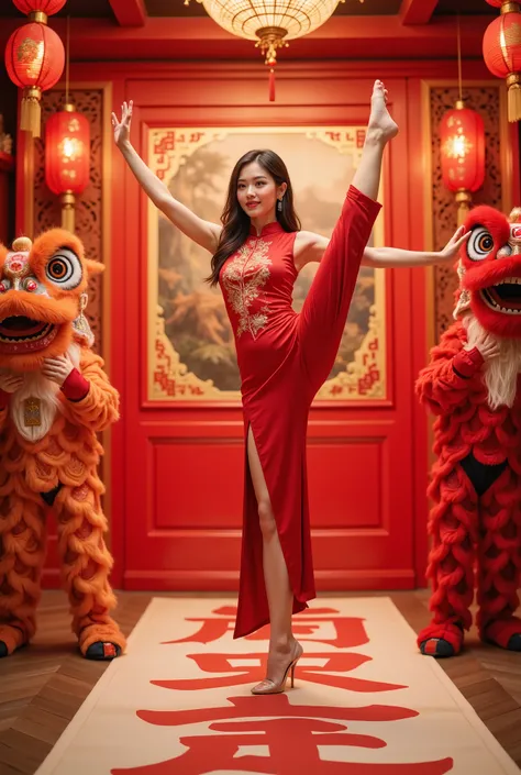 standing split， masterpiece,  high quality ,  Best Quality , Aesthetic ,  masterpiece,  Best Quality ,  Very beautiful , Ridiculous,  very detailed , A beautiful woman wearing a traditional red cheongsam celebrating the new year,  surrounded by bright red ...