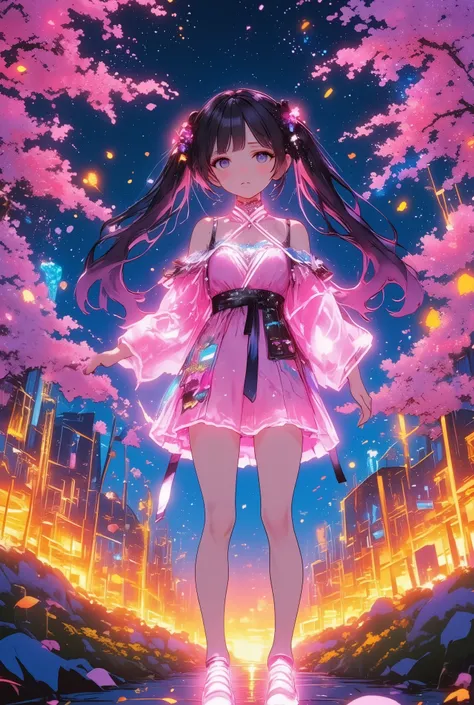 anime illustration, A japanese Jiraikei girl, wearing a pink dress with neon glowing lines outlining its edges, dynamic pose,standing beneath burning cherry blossoms with fiery petals scattering into the air, the night sky glitching with pixelated stars an...