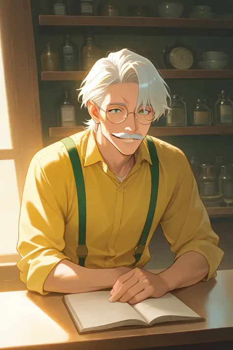 “A cozy shop interior with a large, heavyset young man sitting behind the counter. Despite being only 27 years old, he has a mature, commanding presence. He has a round face, a white mustache, short white hair, and wears round glasses. Dressed in a yellow ...