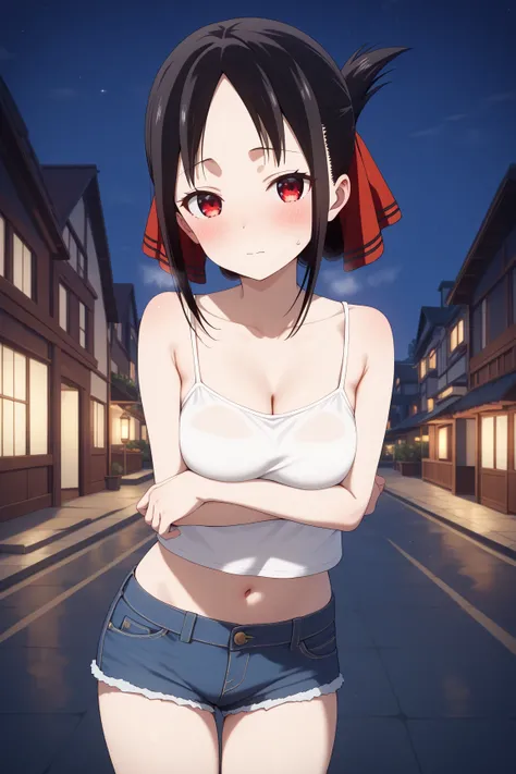 masterpiece,best quality,{{detailed beautiful face and eyes}}, very detailed background,
Shinomiya Kaguya,{{{megami magazine}}},short hair,black hair,folded ponytail,parted bangs,sidelocks,hair ribbon,red ribbon,red eyes,small breasts,
camisole, bare shoul...