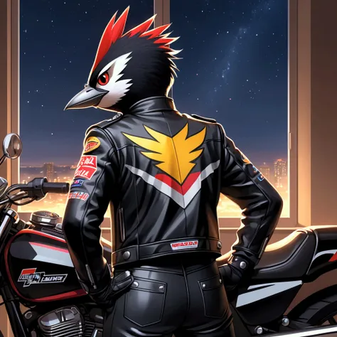 Closeup, digital illustration style manga :1.5, An extremely badass anthropomorphic woodpecker wearing an insanely cool black leather NASCAR racing jacket, black shirt, black leather biker gloves, black leather biker pants, giving it a cool, edgy appearanc...