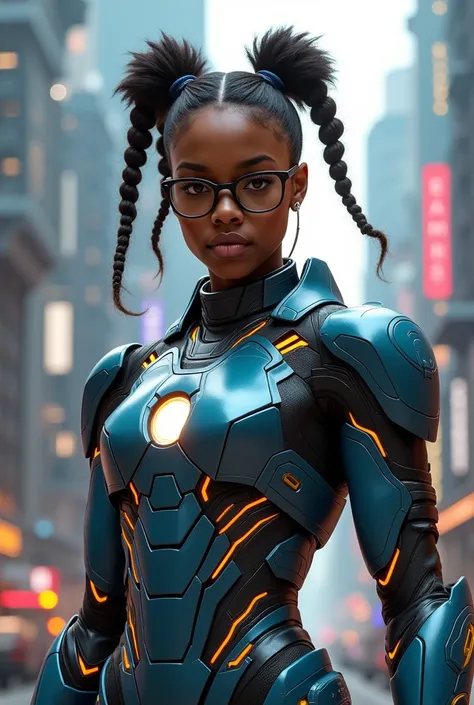 20 year old black woman with pigtails and glasses in Iron Man armor