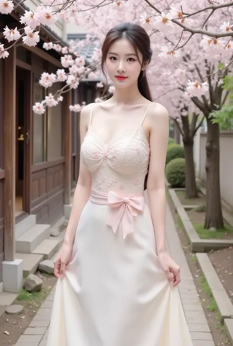 a woman standing elegantly in an outdoor setting adorned with cherry blossoms. She is wearing a fitted, ivory-colored gown featuring delicate floral lace details on the bodice and a soft pink bow around her waist. The dress has thin straps and flows gracef...