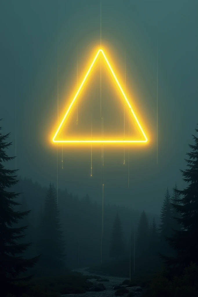 A yellow triangle of neon lines floating in the dark above the forest glow in the fog