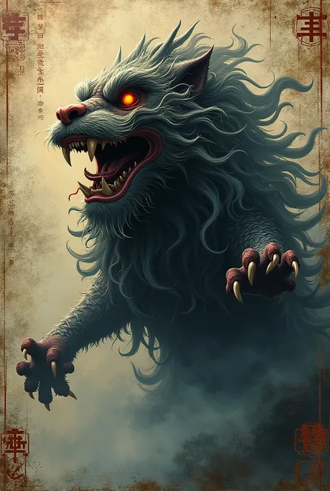 Horror book cover, Chinese, lion dance, old paint, 2d