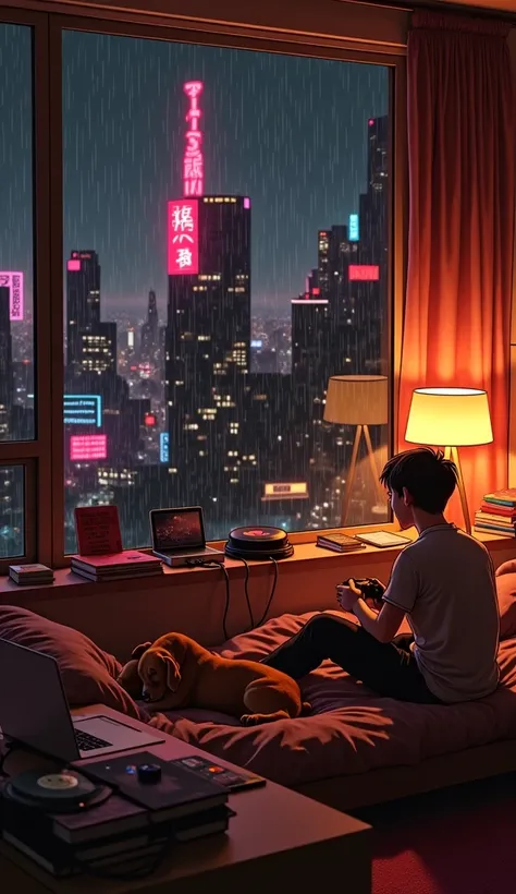 A cozy anime-style bedroom at night, illuminated by neon signs casting a soft pink, blue, and purple glow. A age guy sits by a large rain-covered window with his dog in a bed and playing ps5 by holding the remote controller in his hand , back view of the g...