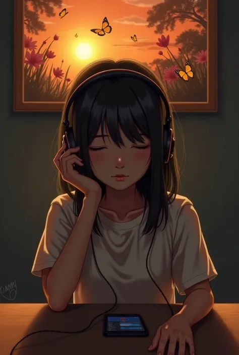 A girl is sitting on a table wearing a headphone her hands are on the table her eyes are off. and a phone connected to that headphones is on the table between her two hands She's in a dark room  there is a picture behind her on the wall where a sun setting...