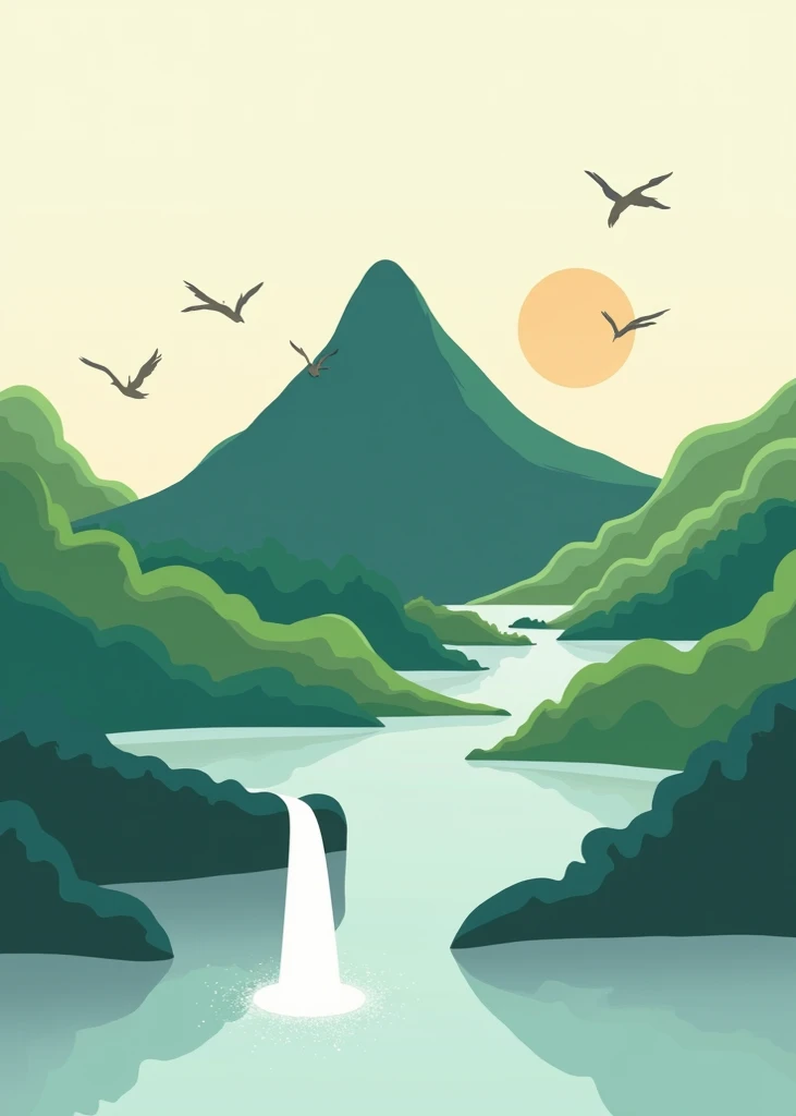 minimalist poster of a green mountain with waterfalls and birds, detailled