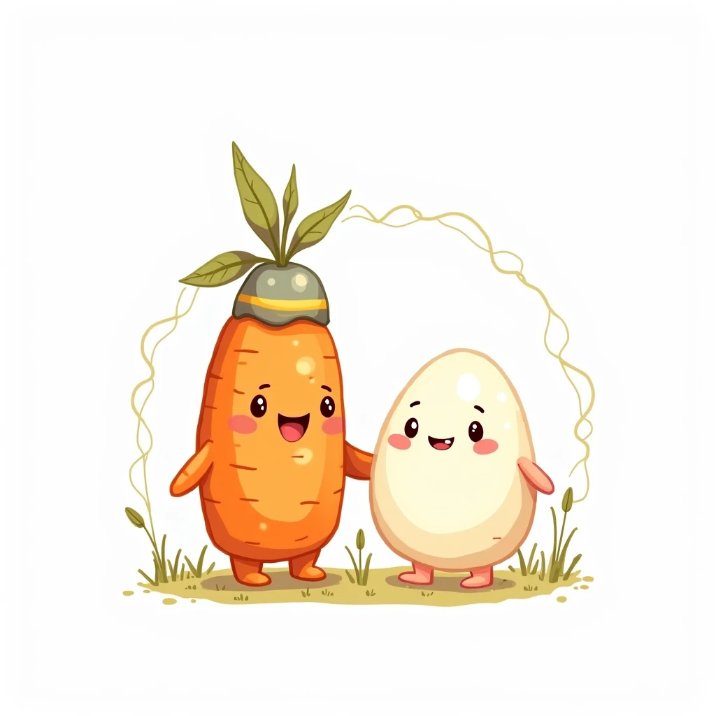 hand drown clipart, ester carrot and egg are best Friend clipart, kawaii style, for ester day, border, outline, on                           
white background 