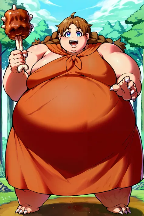 Girl becoming a monster, becoming a troll, fat, chubby, obese, score_9, score_8_up, score_7_up, source_anime, marca, blue eyes, brown hair, braid, twin braids, ahoge,, dress, fabric clothes, loincloth,,, bike ride, countryside, dirt road, trees, afternoon ...