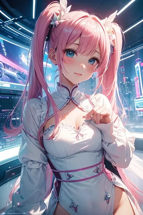 (masterpiece、Best Quality、super high quality、Beautiful and beautiful:1.2)、(Pink twin tails)、(Smile:0.8)、(Theme:Gentle white and mint green&inorganic)、Adult Suit、Rich Details、Cyber city neon space、Aerial Screen、Dreamlike composition、Magical rays of light、Gl...