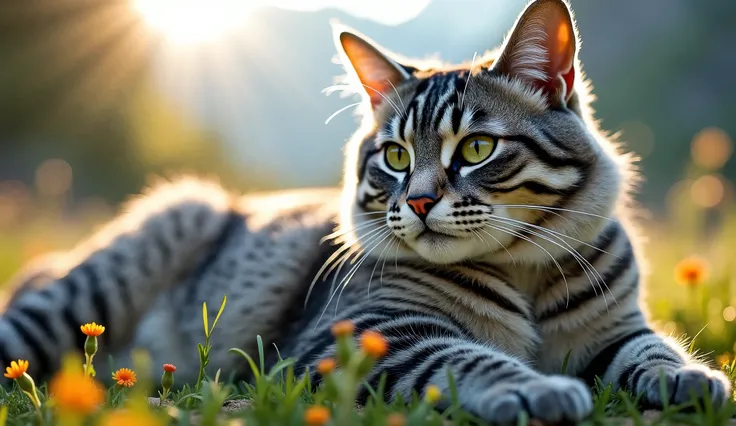 Generate ultra-high-definition images of a giant silver grey tabby cat with luxurious, slightly shorter fur, posed majestically in a fantastical landscape. Utilize advanced macro photography techniques to highlight the intricate details of the cat's sleek ...