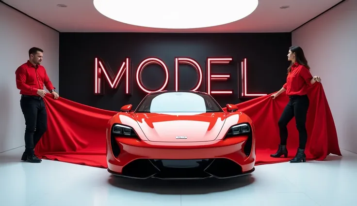 captivating image of a (model) taking a center stage in a luxurious white showroom.
The futuristic, vibrant ( color )exterior gleams , showcasing it's sleek aerodynamic design and bold accents ,the words ( model ) a man and woman uneiling the car by pullin...