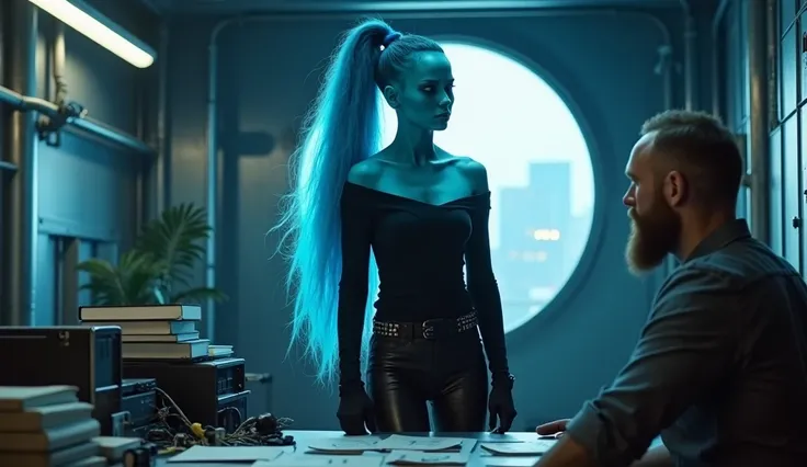 "A futuristic cyberpunk-style scene featuring a stunning blue-skinned alien woman with long, flowing neon-blue hair. She wears a dark off-the-shoulder sweater and form-fitting black leather pants, exuding a confident yet mysterious aura. She stands in a di...