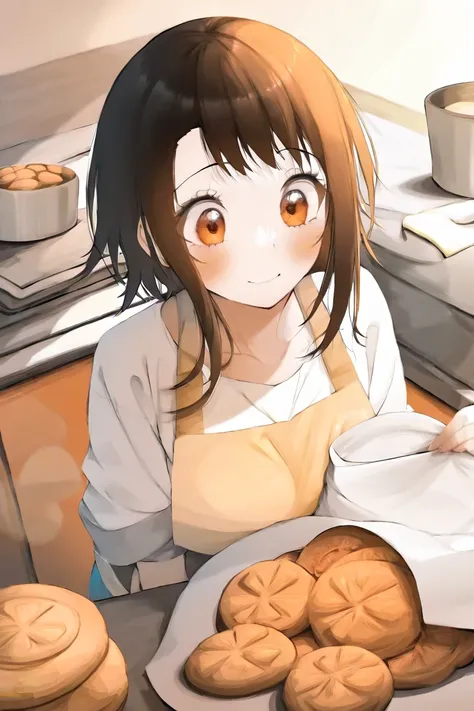 make an illustration of the character Kosaki Onodera from the anime Nisekoi. she looks beautiful and graceful when she is in the kitchen and making biscuits. she is wearing an apron and looks dirty because of flour and is seen baking biscuits.