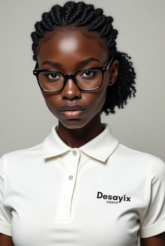 fille africaine teint noir avec lunettes et nattes, polo blanc avec écrit Desayix Creative