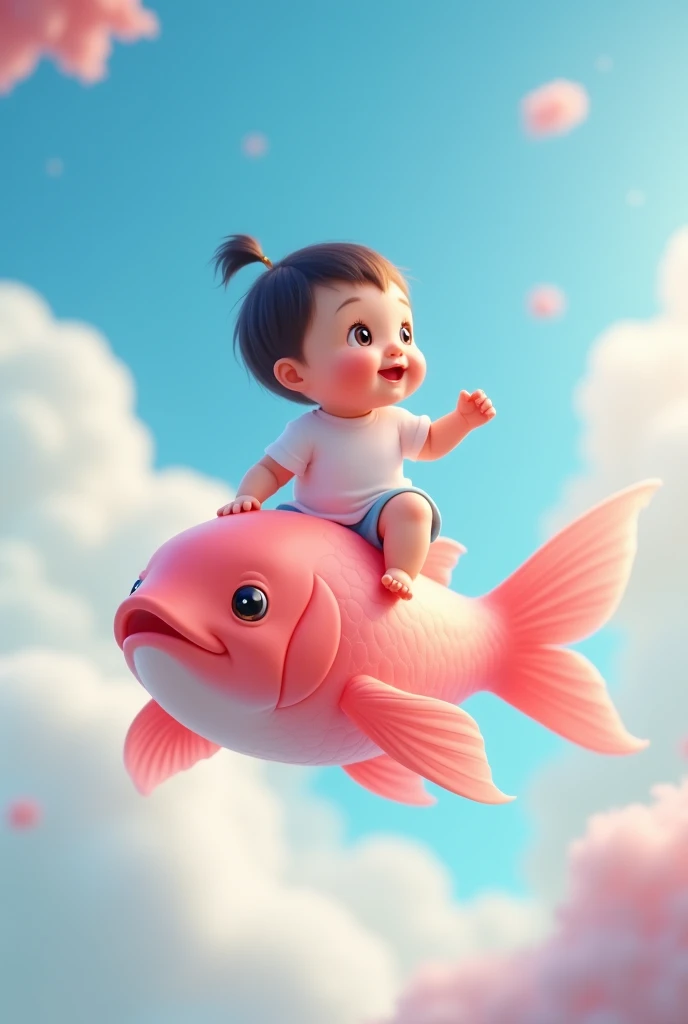 2D illustration, a Chinese baby sitting on a pink goldfish, flying in the air, looking happily and firmly above, blue sky and white clouds in the background, close-up of the character, depth of field effect, soft light, vibrant colors, relaxed atmosphere, ...