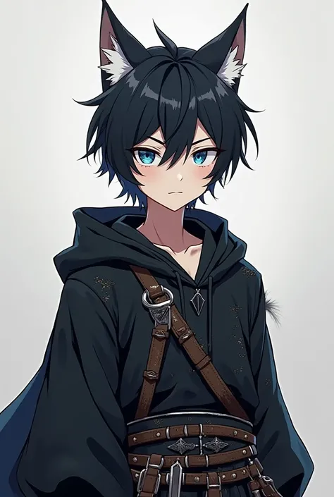 Half-cat boy.  white cat ears.  blue eyes. . Broke black medieval clothing. With a belt with weapons. Very short black hair.  anime style