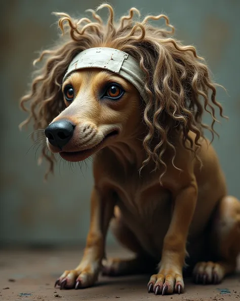 Make a ugly looking dog with long curly hairstyle and head bandage 