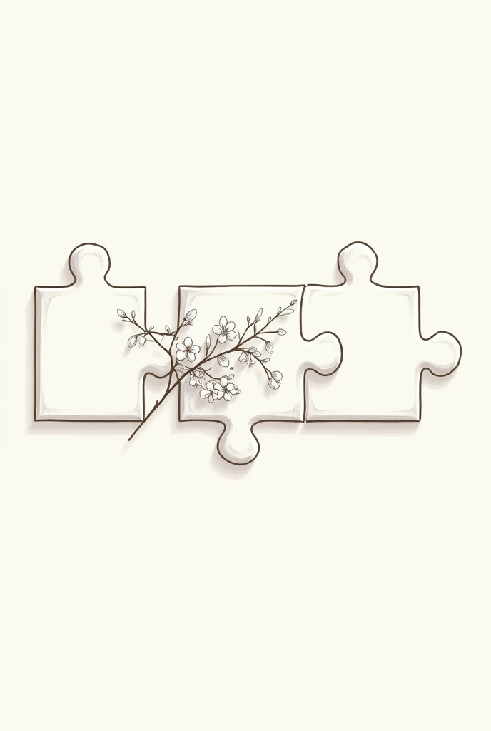 I want to create a stylized line art drawing of 3 puzzle pieces that fit together with a branch of Japanese cherry blossoms inside 