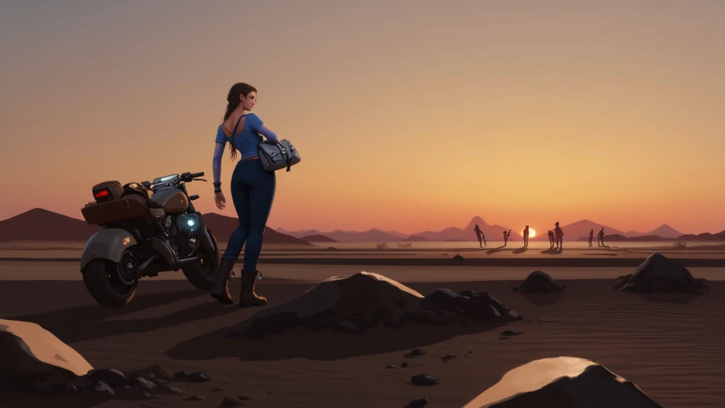 A Biker Girl with her Bike Looking at sunset in desert