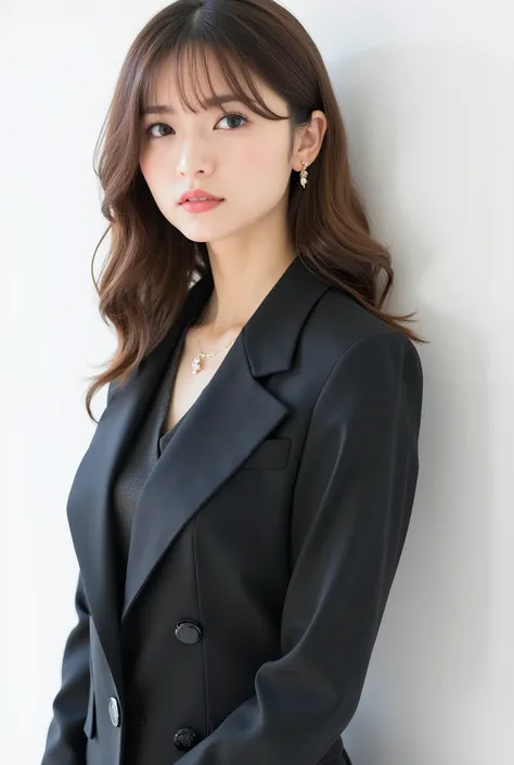 Beautiful Japanese Woman 、、 She is wearing an office lady suit、 pants style、 light brown pantyhose 、Overall photo、濃いeyeshadow 、Hairstyle: Medium long、wavy hair 、 Light Brown Hair 、ear piercing、 Empty Expressions 、 necklace、 white backgr
