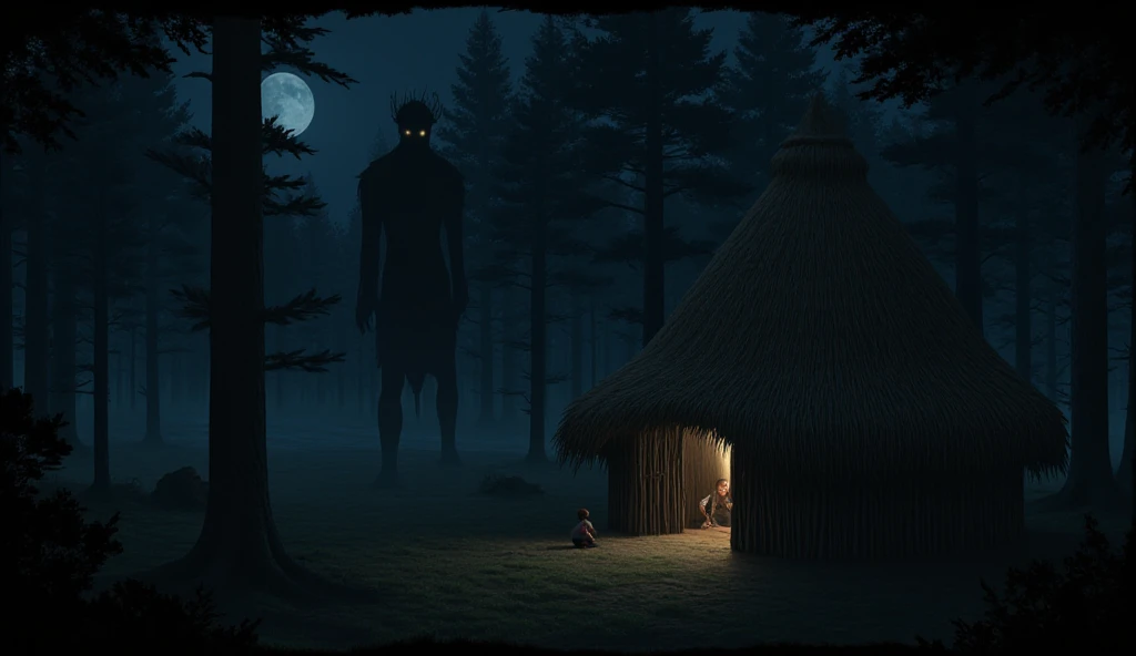 "A quiet forest scene at night, with a small straw hut lit dimly from inside. A tall, shadowy figure with faintly glowing eyes is seen approaching the hut. Inside, a young boy sits on the floor, startled and frightened, as the figure enters. The atmosphere...