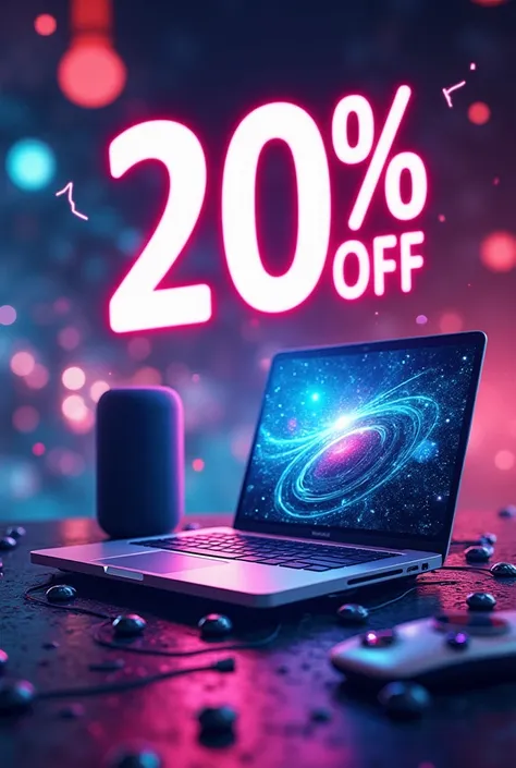 Create flashy banner for electronic store size 600x1200 for promotion of 20% Realistic discount for electronic items with electronic objects