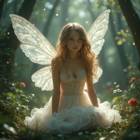  A detailed fairy girl with delicate wings ,   transparent wings that rest gracefully on the ground  .  She has been around for a long time ,  wavy hair,   and its ethereal beauty is enhanced by soft  , bright light.   The background presents a magical for...